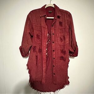 Kroix Red Distressed Ripped Fringe Button-Up Denim Jacket Shirt Size 1X Grunge